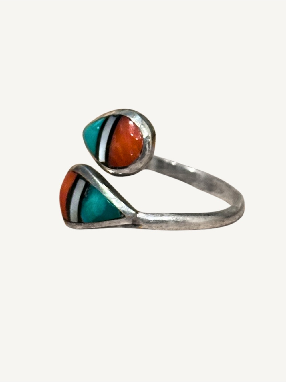 Signed Zuni Sterling Turquoise Coral MOP Onyx Size 6.5 Vintage Bypass Ring - Picture 3 of 10